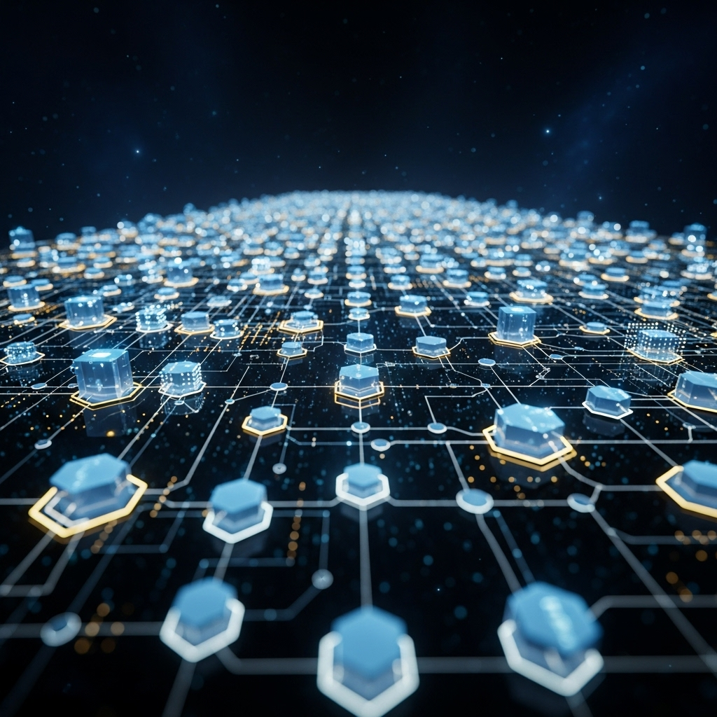 Futuristic digital visualization of AI neural networks merging with blockchain nodes, illustrating hybrid AI oracles for prediction market resolutions