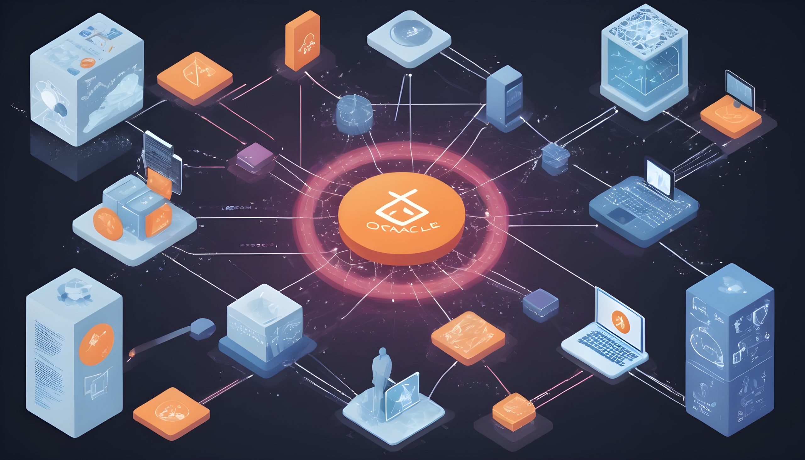 Dynamic digital illustration of autonomous AI agents trading in prediction markets powered by hybrid oracles, neural networks connecting to blockchain nodes