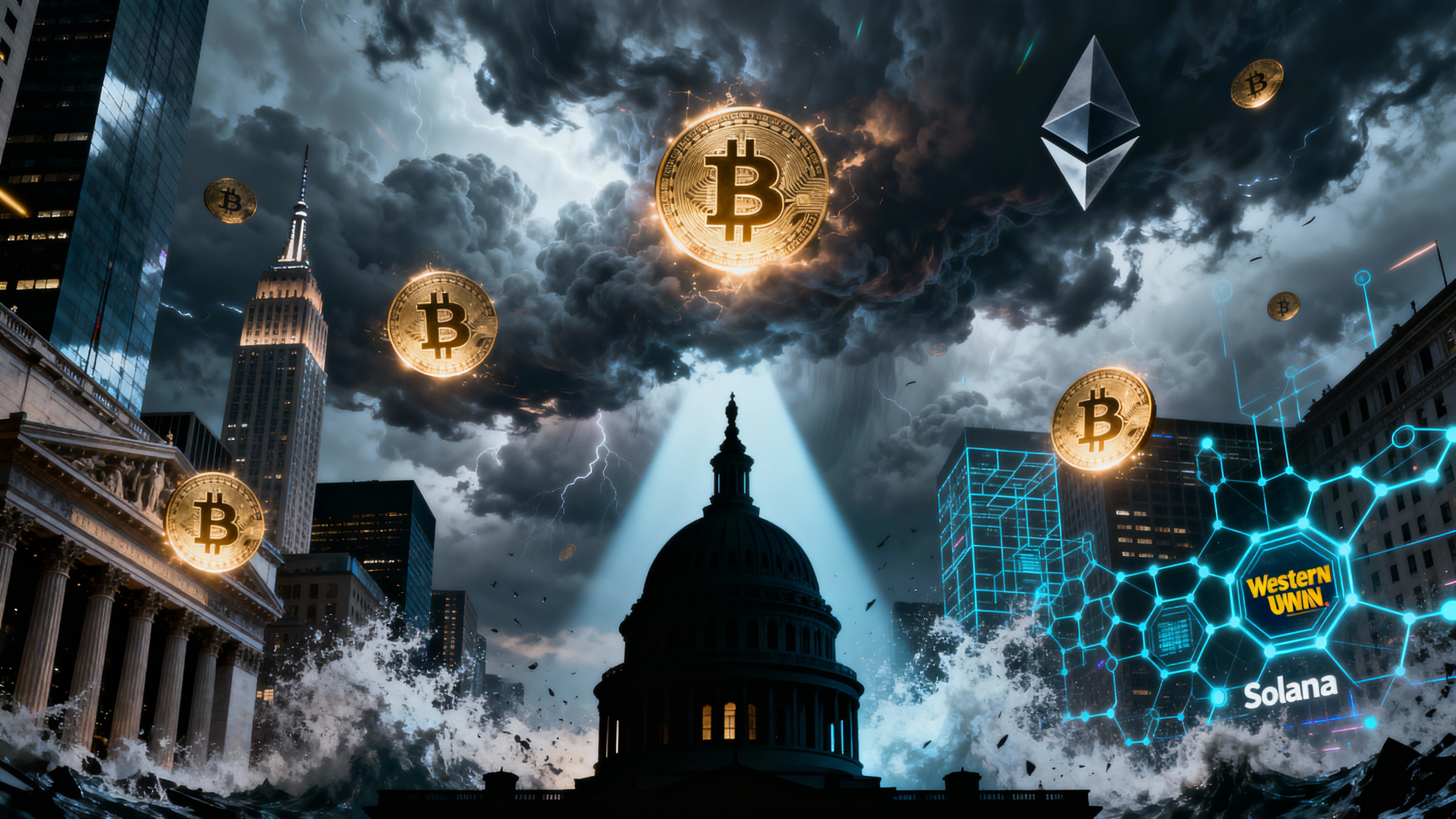 Conceptual digital visualization of hybrid AI oracle forecast lines overlaying Solana prediction market with on-chain volume surges and blockchain efficiency